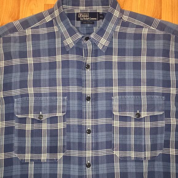 Retro Polo by Ralph Lauren 2 tone button Plaid Tartan Check & Chambray shirt XL - Picture 3 of 5